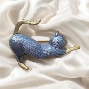 Vintage Two Tone Stretching Cat Brooch Pin Signed Liz Claiborne 2” Silver Gold